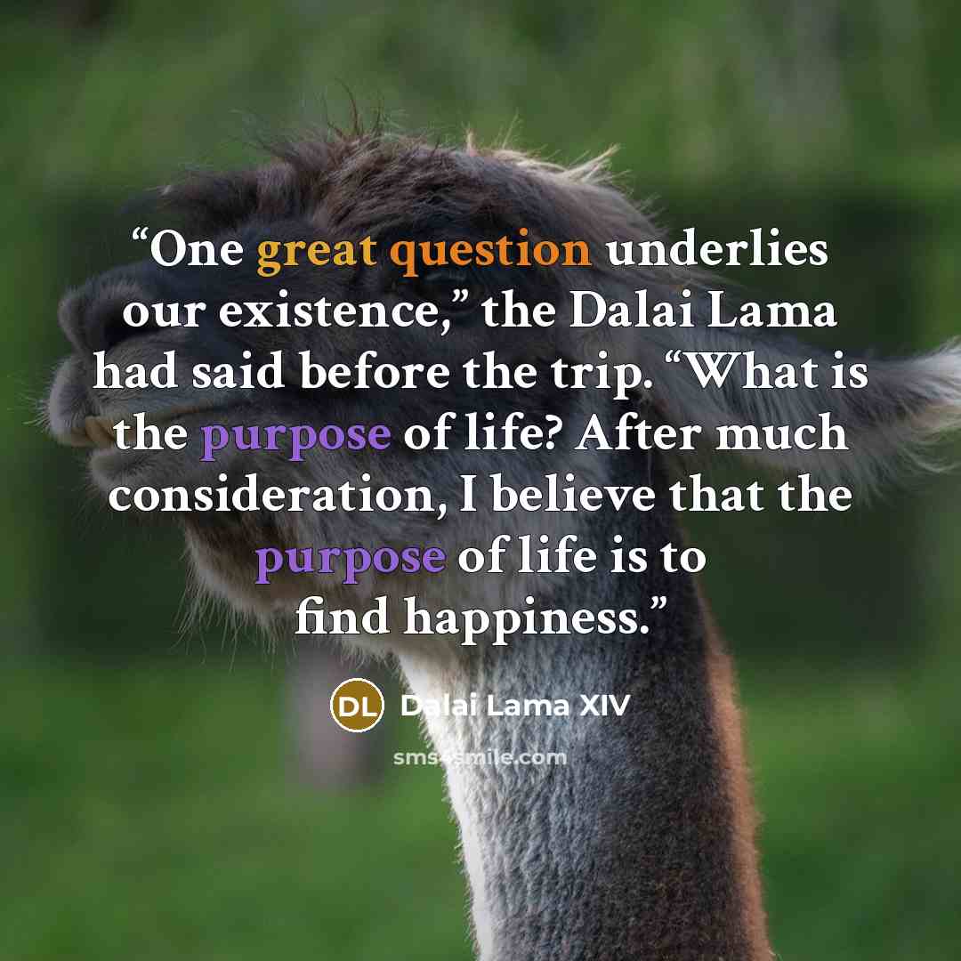 “One great question underlies our existence,” the Dalai Lama had said before the trip. “What is the purpose of life? After much consideration, I believe that the purpose of life is to find happiness.” quote by Dalai Lama XIV