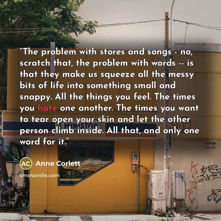 “The problem with stores and songs - no, scratch that, the problem with words -- is that they make us squeeze all the messy bits of life into something small and snappy. All the things you feel. The times you hate one another. The times you want to tear open your skin and let the other person climb…” quote by Anne Corlett