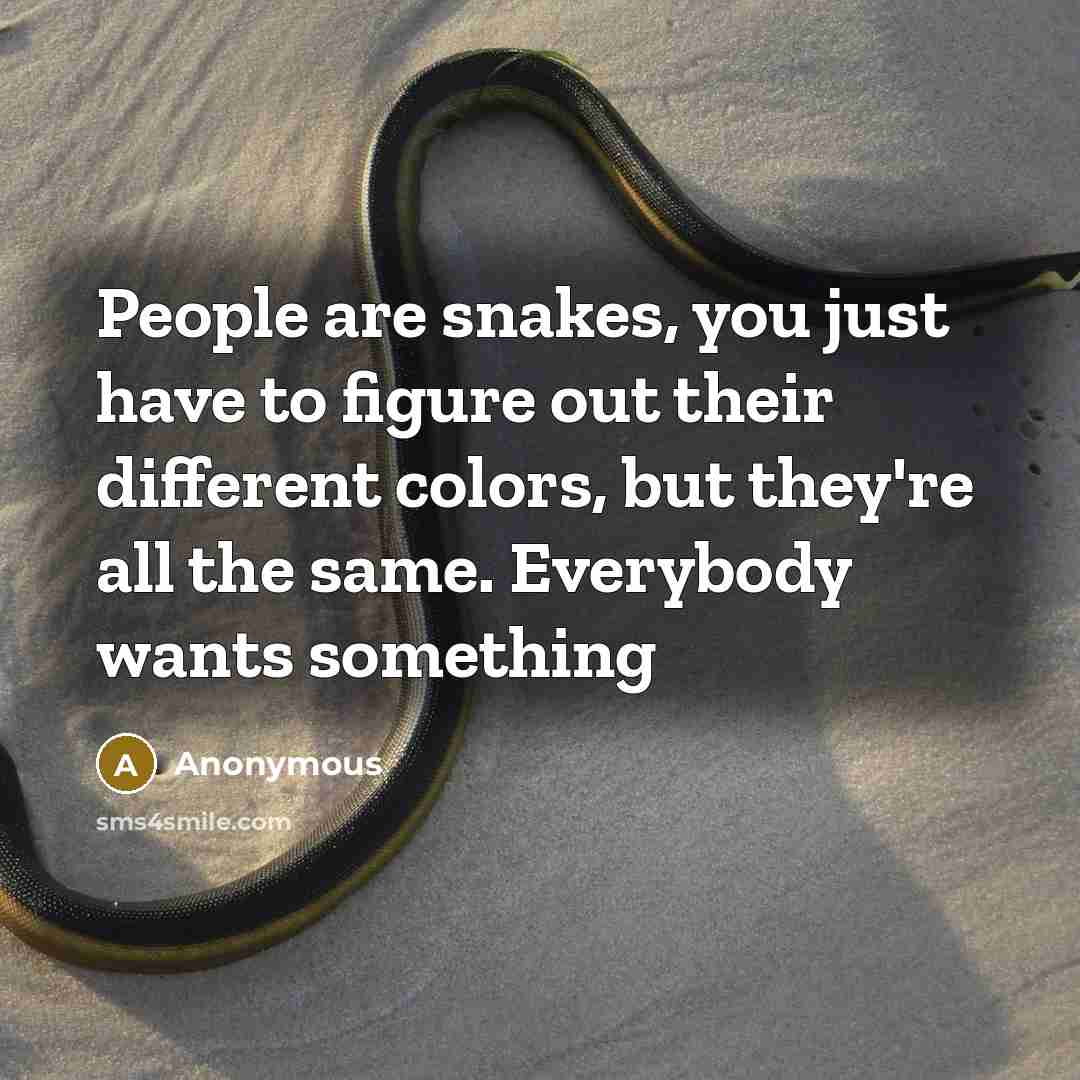 “People are snakes, you just have to figure out their different colors, but they're all the same. Everybody wants something” quote by Anonymous