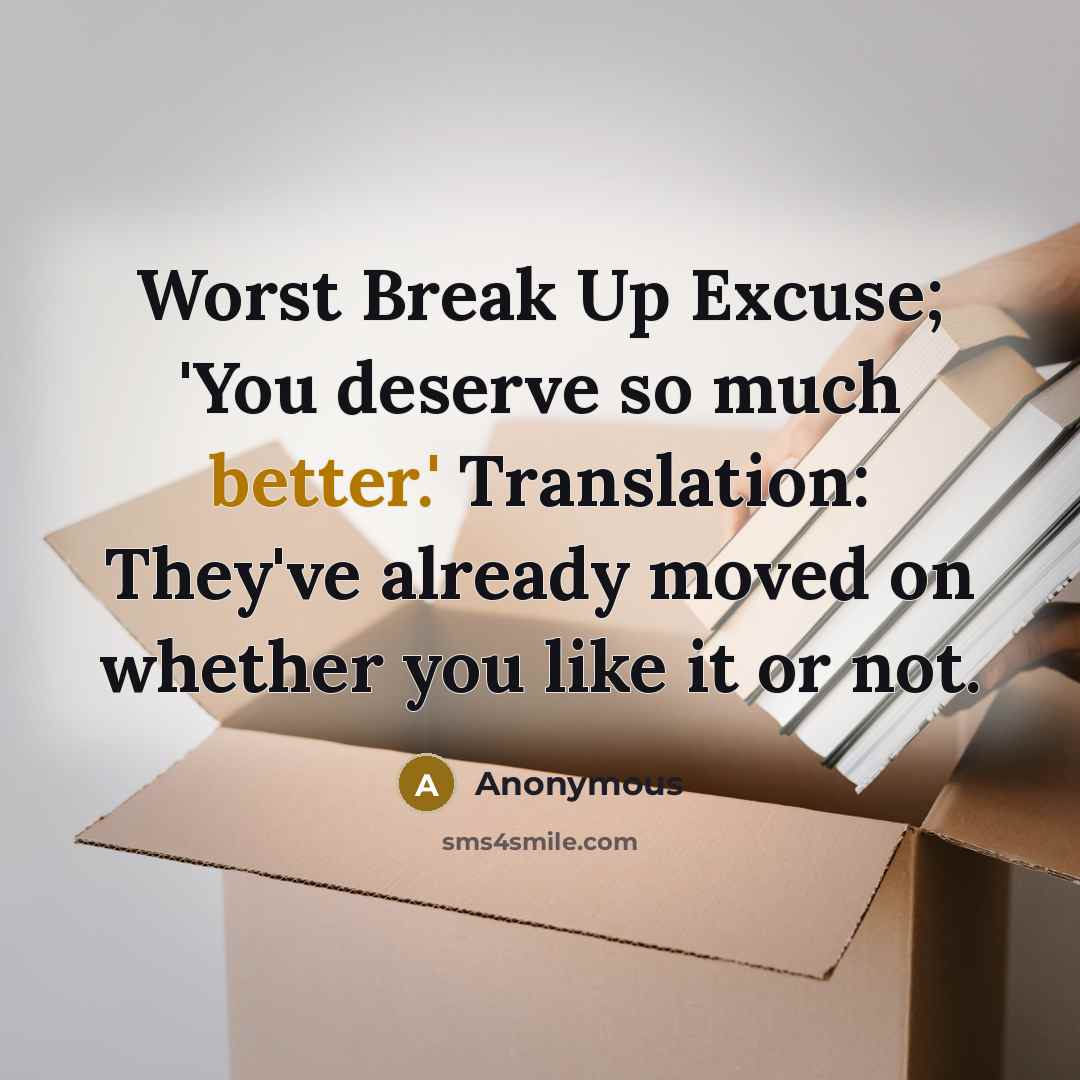 “Worst Break Up Excuse; 'You deserve so much better.' Translation: They've already moved on whether you like it or not.” quote by Anonymous