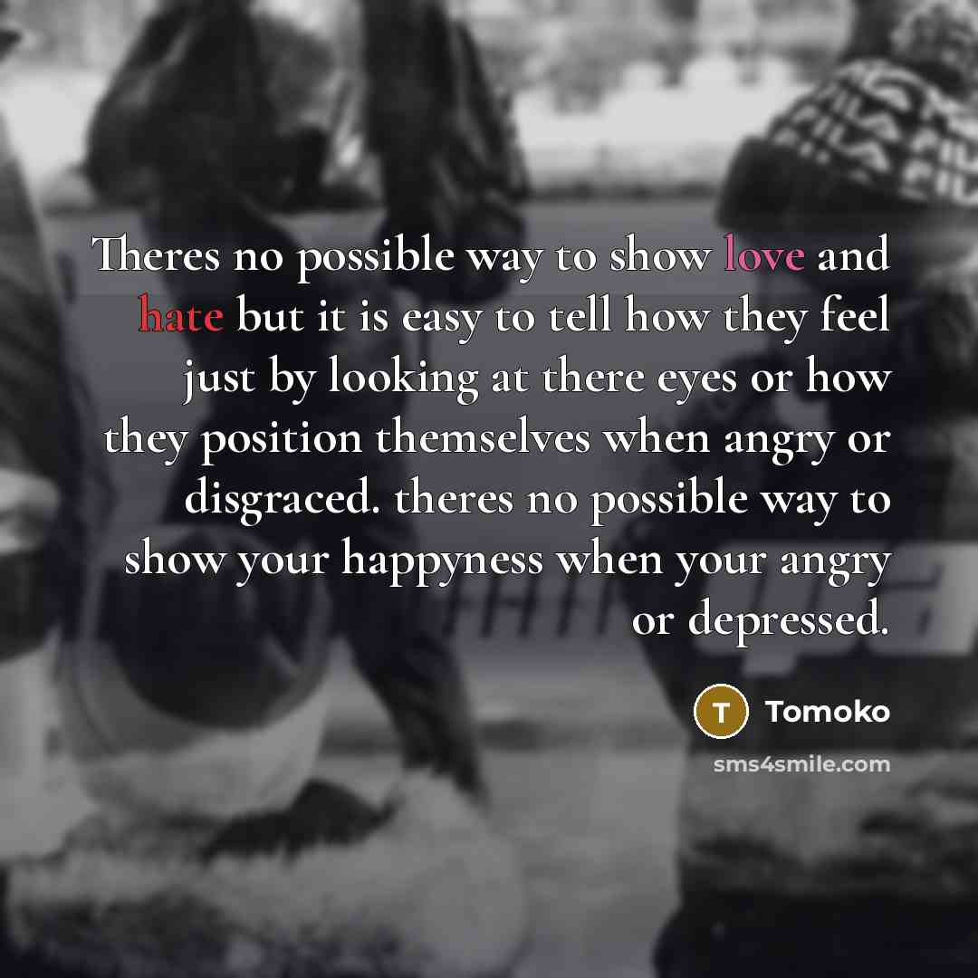 “Theres no possible way to show love and hate but it is easy to tell how they feel just by looking at there eyes or how they position themselves when angry or disgraced. theres no possible way to show your happyness when your angry or depressed.” quote by Tomoko