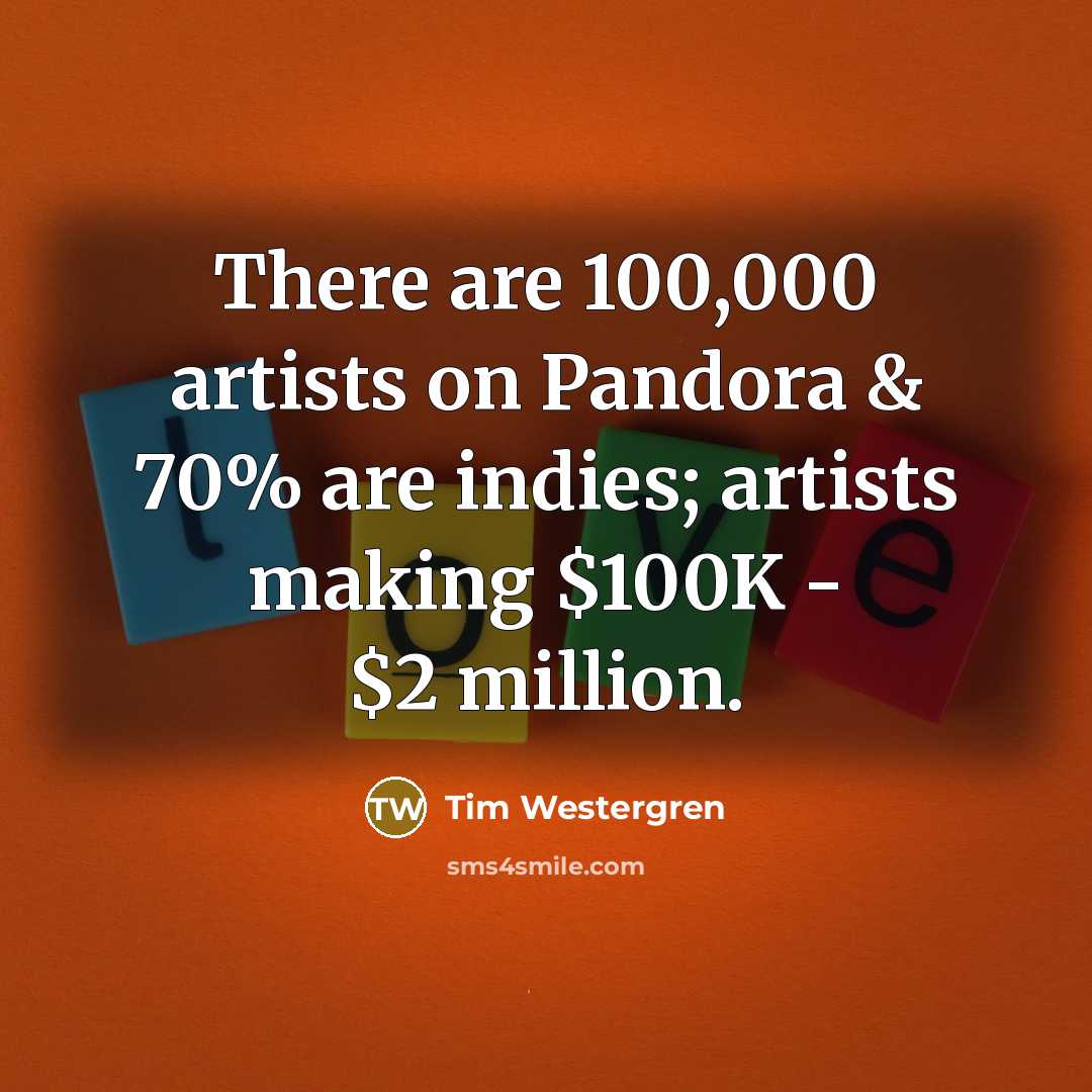 “There are 100,000 artists on Pandora & 70% are indies;…” quote by Tim Westergren