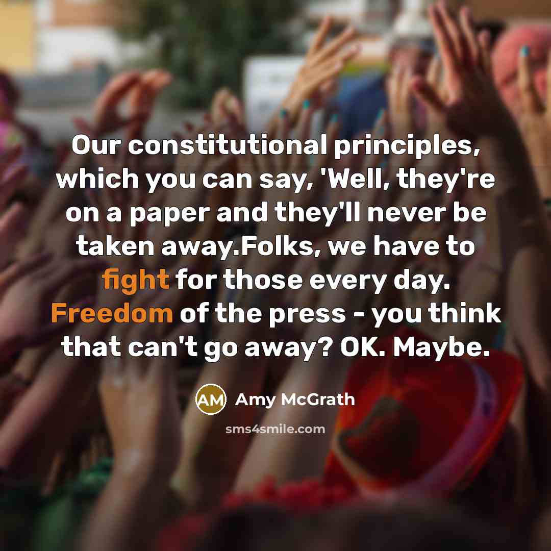 “Our constitutional principles, which you can say, 'Well, they're on a paper and they'll never be taken away.Folks, we have to fight for those every day. Freedom of the press - you think that can't go away? OK. Maybe.” quote by Amy McGrath