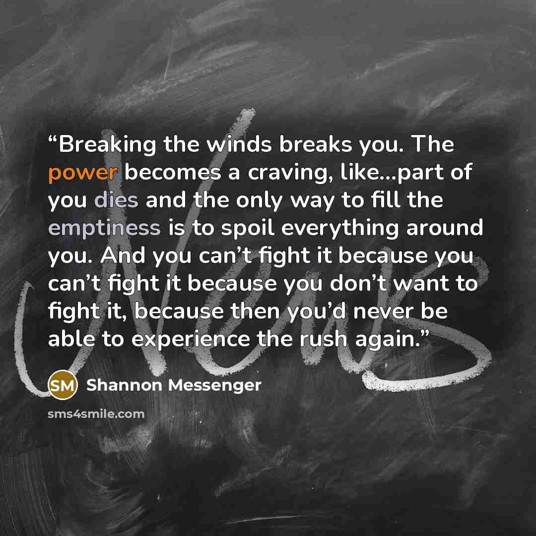 “Breaking the winds breaks you. The power becomes a craving, like…part of you dies and the only way to fill the emptiness is to spoil everything around you. And you can’t fight it because you can’t fight it because you don’t want to fight it, because then you’d never be able to experience the rush…” quote by Shannon Messenger