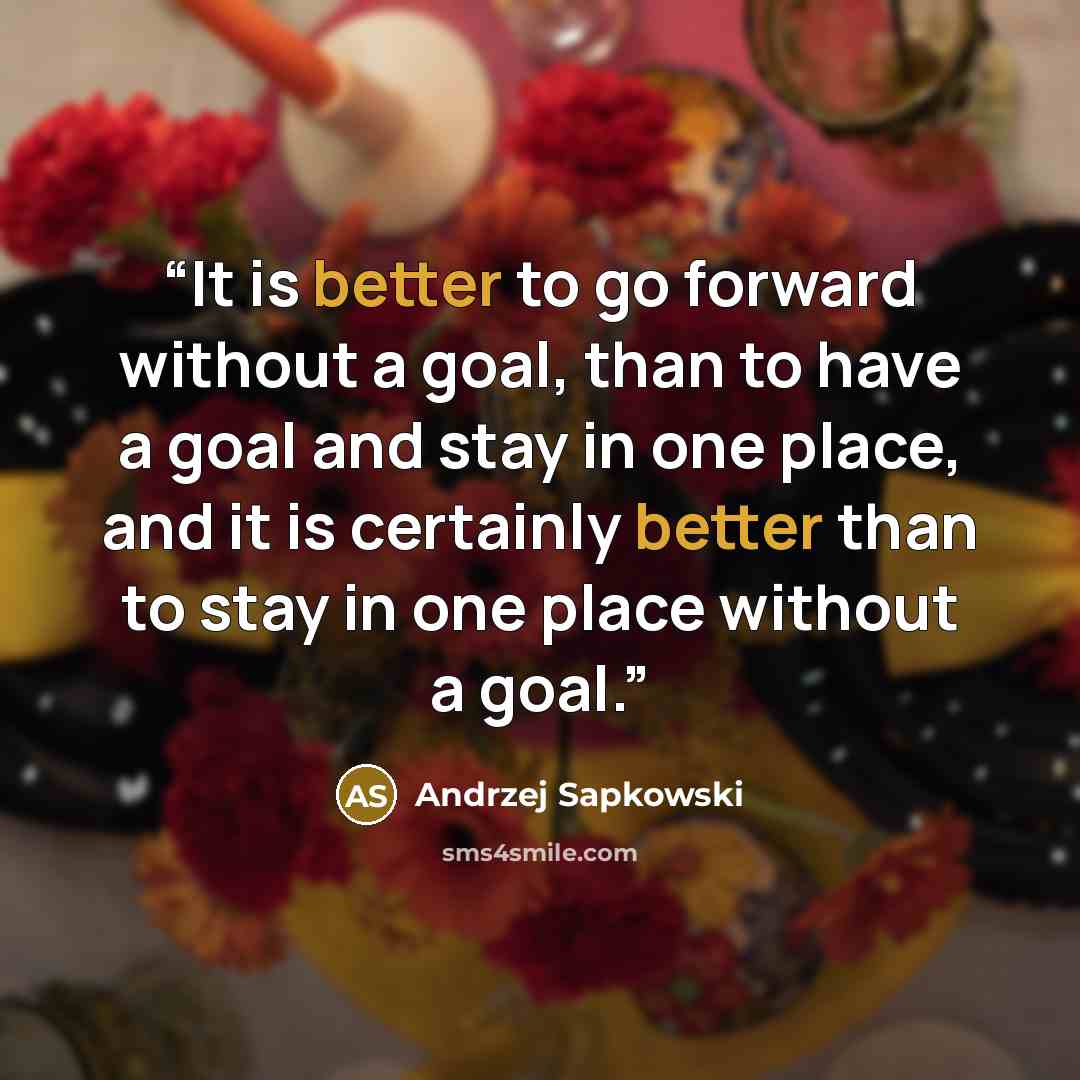 “It is better to go forward without a goal, than to have a goal and stay in one place, and it is certainly better than to stay in one place without a goal.” quote by Andrzej Sapkowski