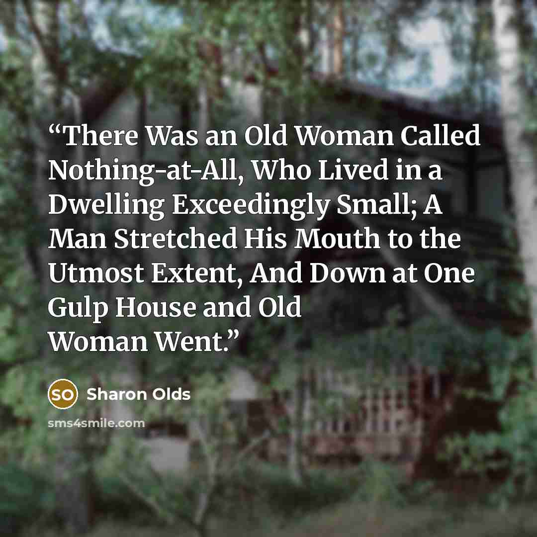 “There Was an Old Woman Called Nothing-at-All, Who Lived in a Dwelling Exceedingly Small; A Man Stretched His Mouth to the Utmost Extent, And Down at One Gulp House and Old Woman Went.” quote by Sharon Olds