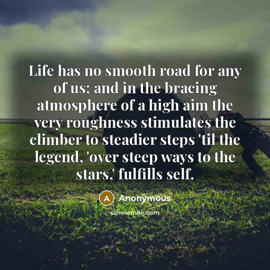 “Life has no smooth road for any of us; and in the bracing atmosphere of a high aim the very roughness stimulates the climber to steadier steps 'til the legend, 'over steep ways to the stars,' fulfills self.” quote by Anonymous