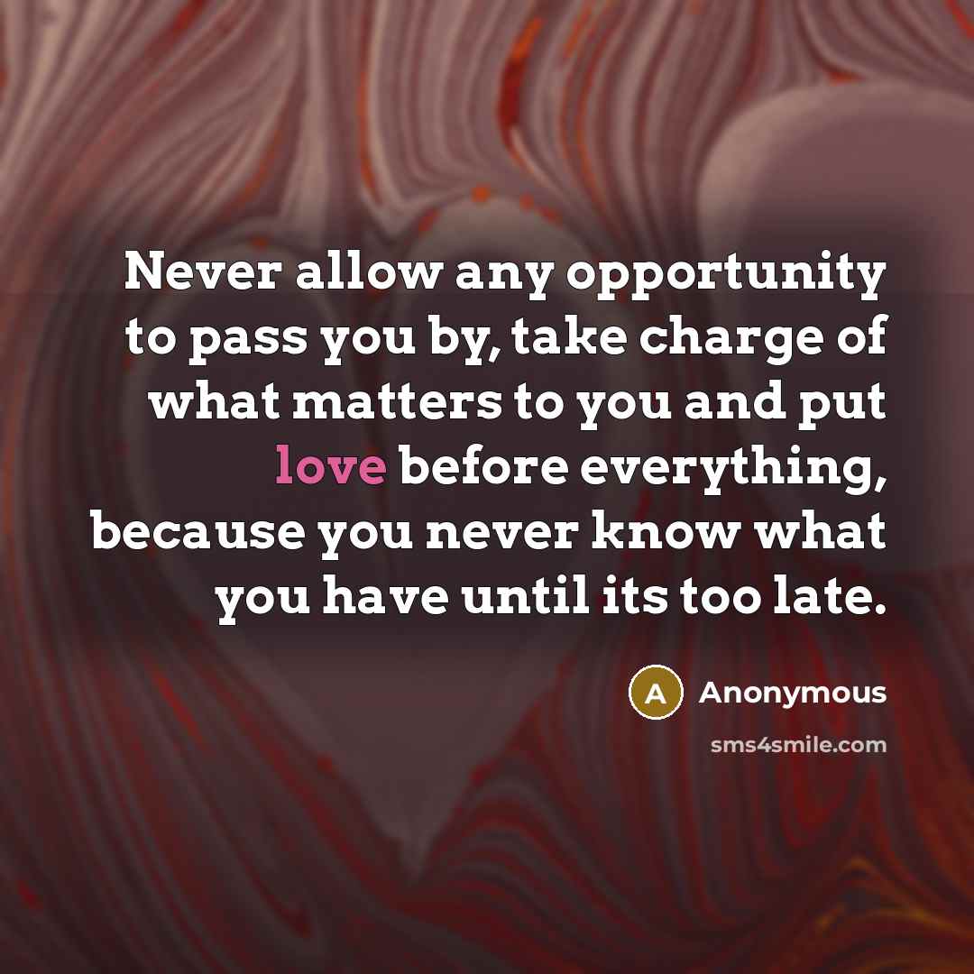 “Never allow any opportunity to pass you by, take charge of what matters to you and put love before everything, because you never know what you have until its too late.” quote by Anonymous