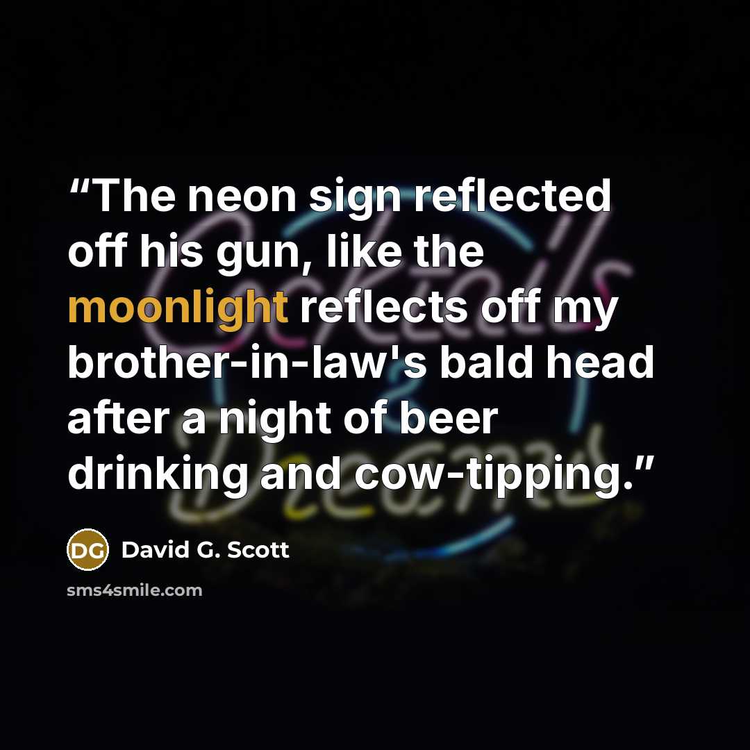 “The neon sign reflected off his gun, like the moonlight reflects off my brother-in-law's bald head after a night of beer drinking and cow-tipping.” quote by David G. Scott