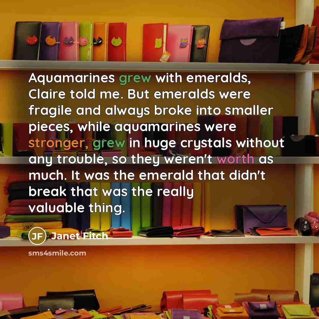 “Aquamarines grew with emeralds, Claire told me. But emeralds were…” quote by Janet Fitch