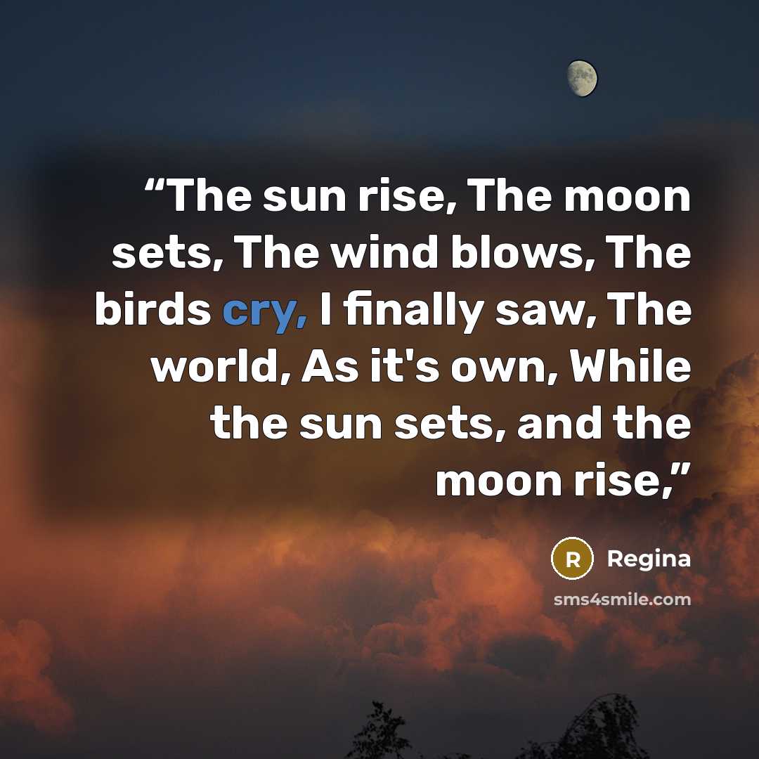 “The sun rise, The moon sets, The wind blows, The birds cry, I finally saw, The world, As it's own, While the sun sets, and the moon rise,” quote by Regina