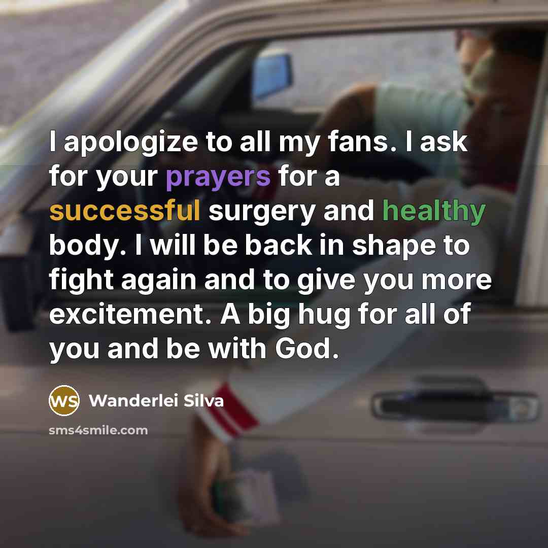 “I apologize to all my fans. I ask for your prayers for a successful surgery and healthy body. I will be back in shape to fight again and to give you more excitement. A big hug for all of you and be with God.” quote by Wanderlei Silva
