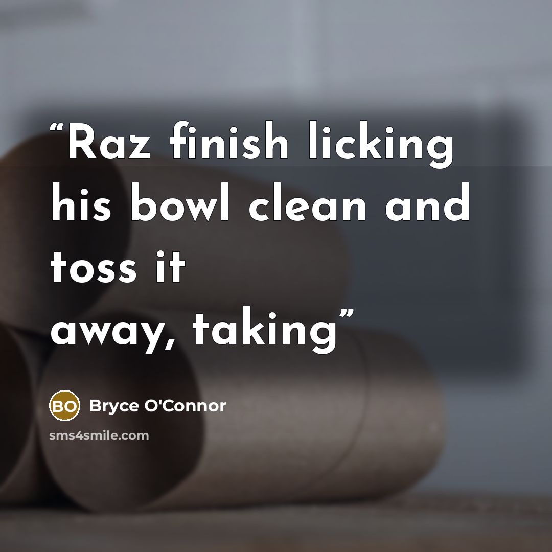 “Raz finish licking his bowl clean and toss it away, taking” quote by Bryce O'Connor