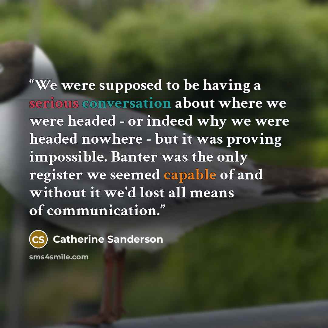 “We were supposed to be having a serious conversation about where we were headed - or indeed why we were headed nowhere - but it was proving impossible. Banter was the only register we seemed capable of and without it we'd lost all means of communication.” quote by Catherine Sanderson