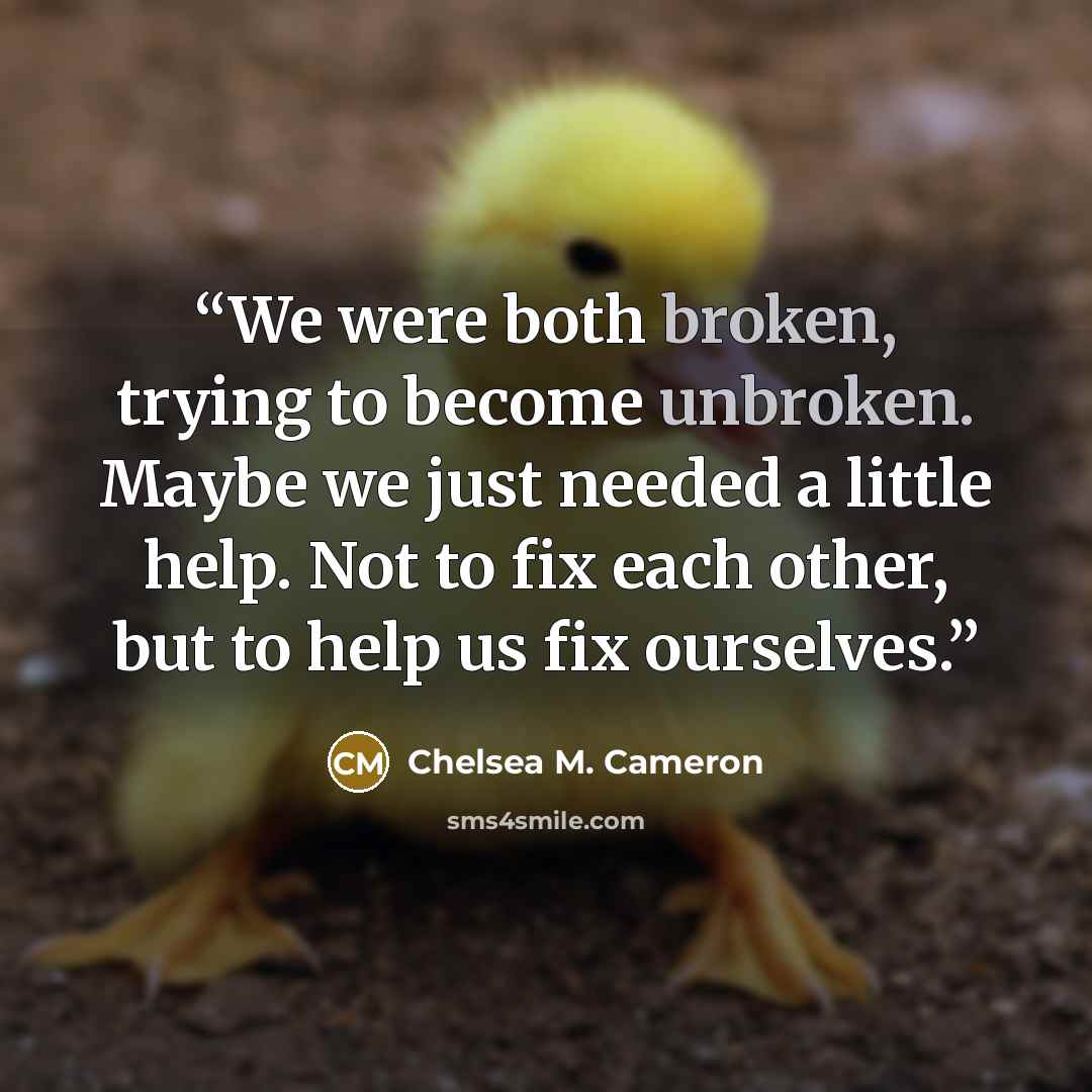 “We were both broken, trying to become unbroken. Maybe we just needed a little help. Not to fix each other, but to help us fix ourselves.” quote by Chelsea M. Cameron