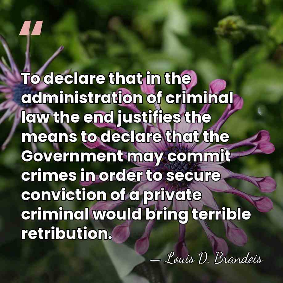 To declare that in the administration of criminal law the end justifies&hellip; - Louis D. Brandeis
