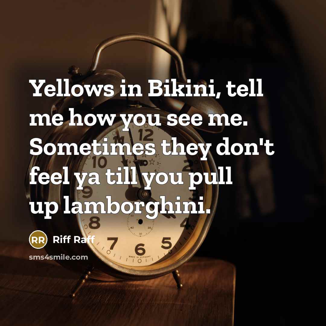 “Yellows in Bikini, tell me how you see me. Sometimes they don't feel ya till you pull up lamborghini.” quote by Riff Raff
