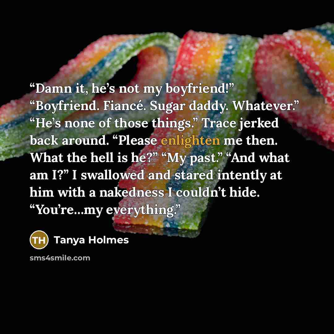 “Damn it, he’s not my boyfriend!” “Boyfriend. Fiancé. Sugar daddy. Whatever.” “He’s none of those things.” Trace jerked back around. “Please enlighten me then. What the hell is he?” “My past.” “And what am I?” I swallowed and stared intently at him with a nakedness I couldn’t hide. “You’re…my…” quote by Tanya Holmes