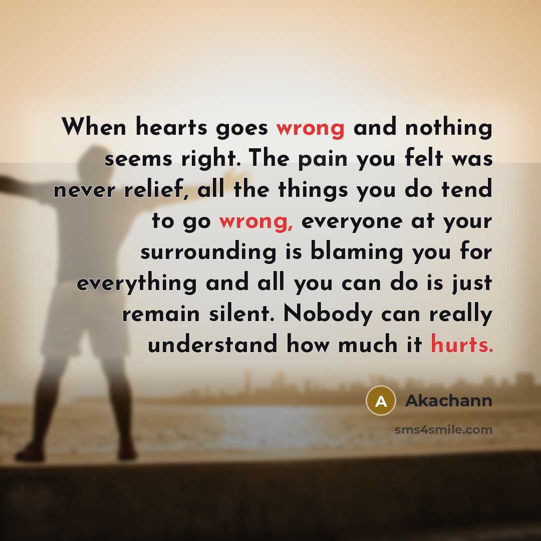 “When hearts goes wrong and nothing seems right. The pain you felt was never relief, all the things you do tend to go wrong, everyone at your surrounding is blaming you for everything and all you can do is just remain silent. Nobody can really understand how much it hurts.” quote by Akachann