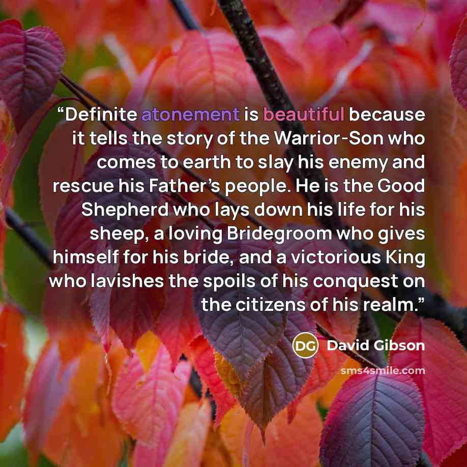 “Definite atonement is beautiful because it tells the story of the Warrior-Son who comes to earth to slay his enemy and rescue his Father’s people. He is the Good Shepherd who lays down his life for his sheep, a loving Bridegroom who gives himself for his bride, and a victorious King who lavishes…” quote by David Gibson