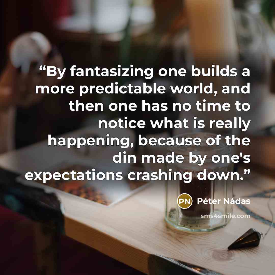 “By fantasizing one builds a more predictable world, and then one has no time to notice what is really happening, because of the din made by one's expectations crashing down.” quote by Peter Nadas