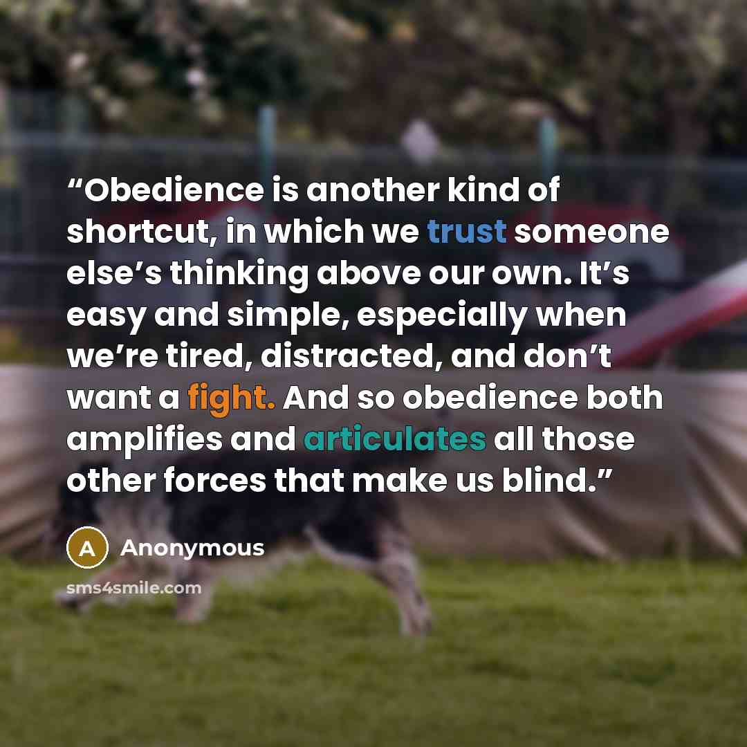 “Obedience is another kind of shortcut, in which we trust someone else’s thinking above our own. It’s easy and simple, especially when we’re tired, distracted, and don’t want a fight. And so obedience both amplifies and articulates all those other forces that make us blind.” quote by Anonymous