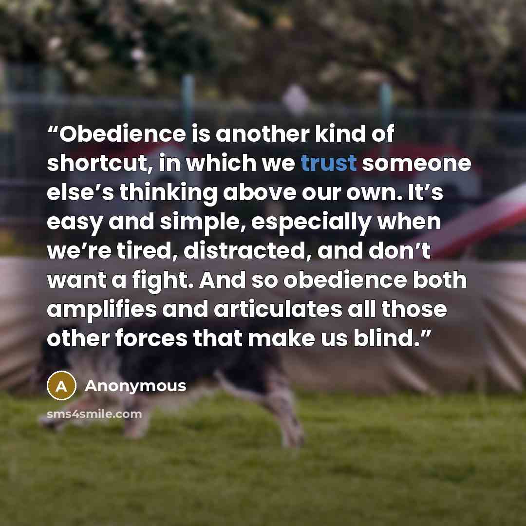 “Obedience is another kind of shortcut, in which we trust someone else’s thinking above our own. It’s easy and simple, especially when we’re tired, distracted, and don’t want a fight. And so obedience both amplifies and articulates all those other forces that make us blind.” quote by Anonymous