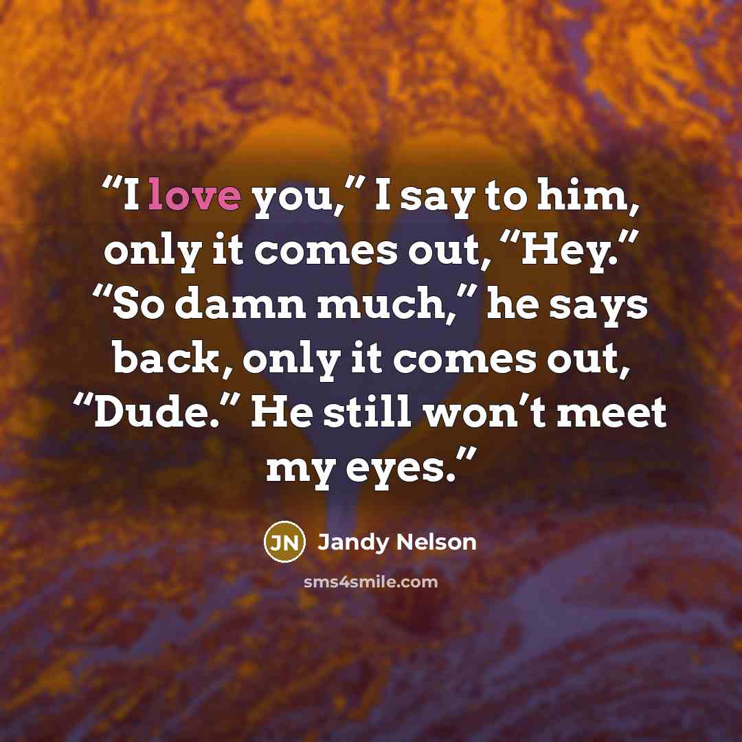 “I love you,” I say to him, only it comes out, “Hey.” “So damn much,” he says back, only it comes out, “Dude.” He still won’t meet my eyes.” quote by Jandy Nelson