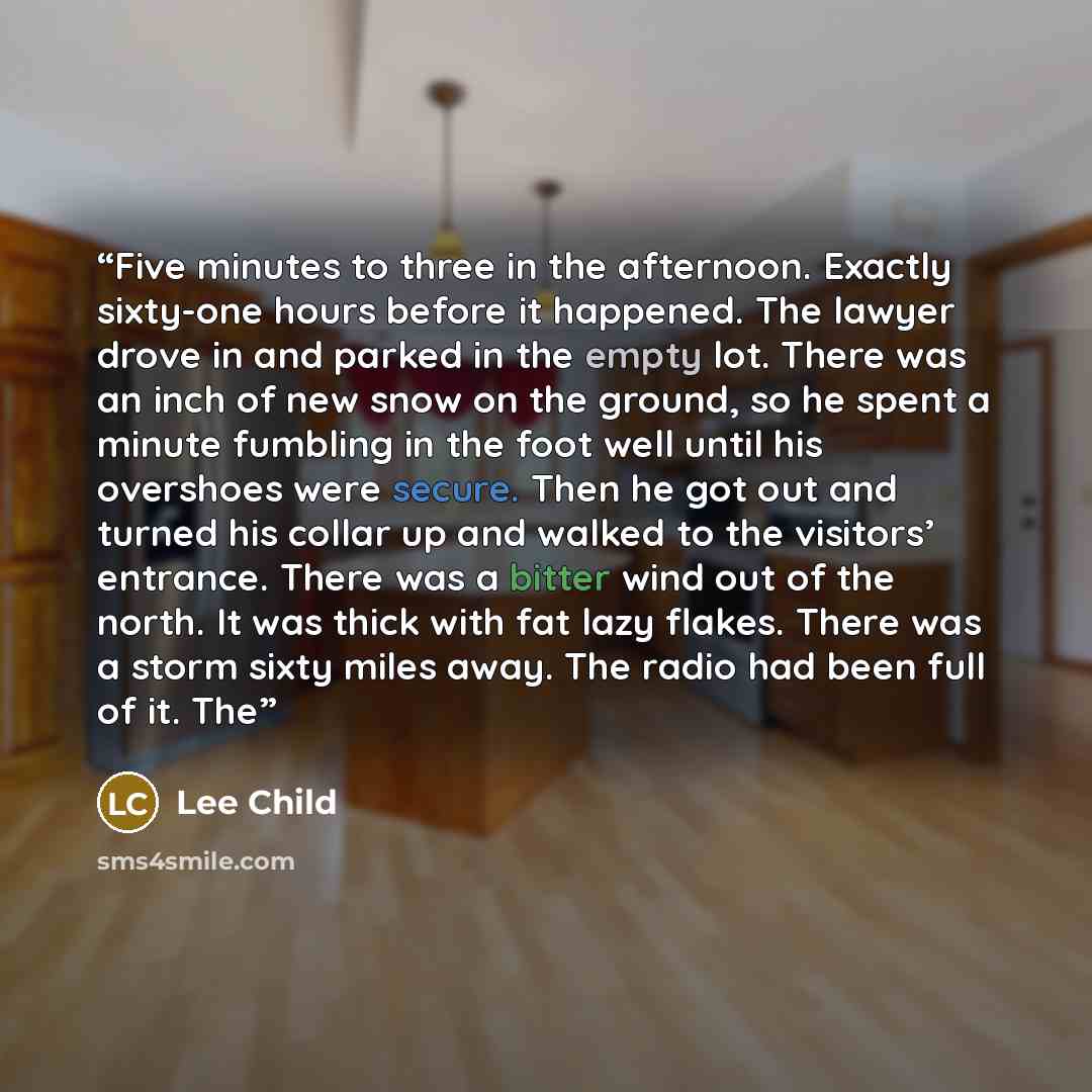 “Five minutes to three in the afternoon. Exactly sixty-one hours before it happened. The lawyer drove in and parked in the empty lot. There was an inch of new snow on the ground, so he spent a minute fumbling in the foot well until his overshoes were secure. Then he got out and turned his collar up…” quote by Lee Child