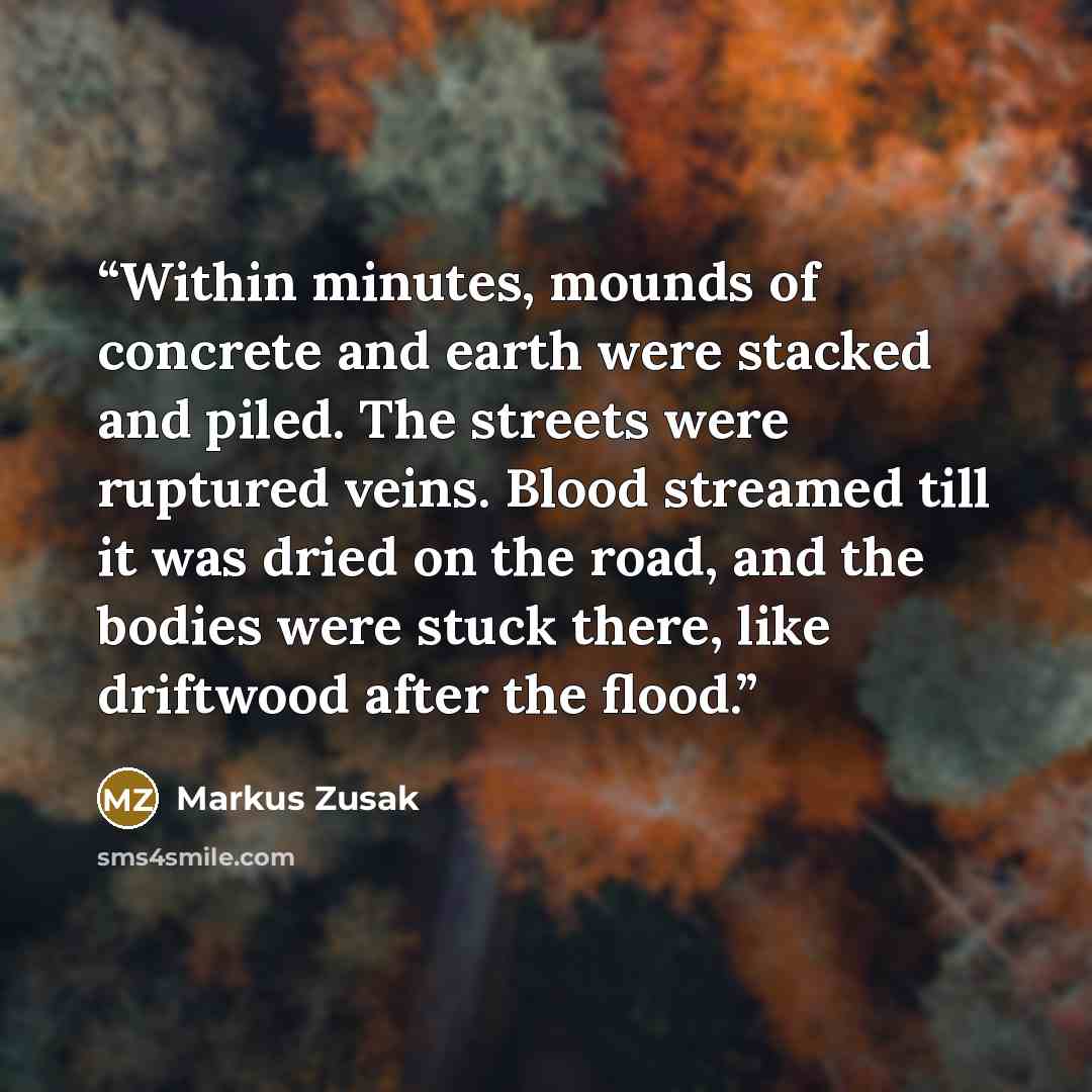 “Within minutes, mounds of concrete and earth were stacked and piled. The streets were ruptured veins. Blood streamed till it was dried on the road, and the bodies were stuck there, like driftwood after the flood.” quote by Markus Zusak