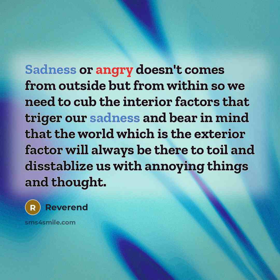 “Sadness or angry doesn't comes from outside but from within so we need to cub the interior factors that triger our sadness and bear in mind that the world which is the exterior factor will always be there to toil and disstablize us with annoying things and thought.” quote by Reverend