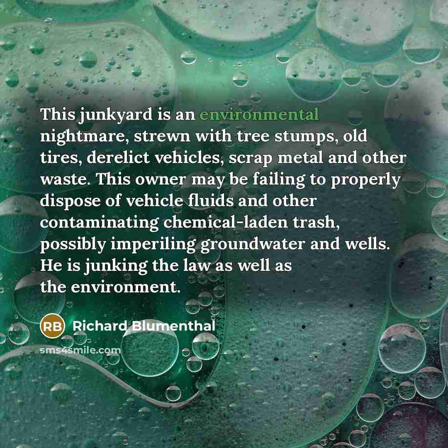 “This junkyard is an environmental nightmare, strewn with tree stumps,…” quote by Richard Blumenthal