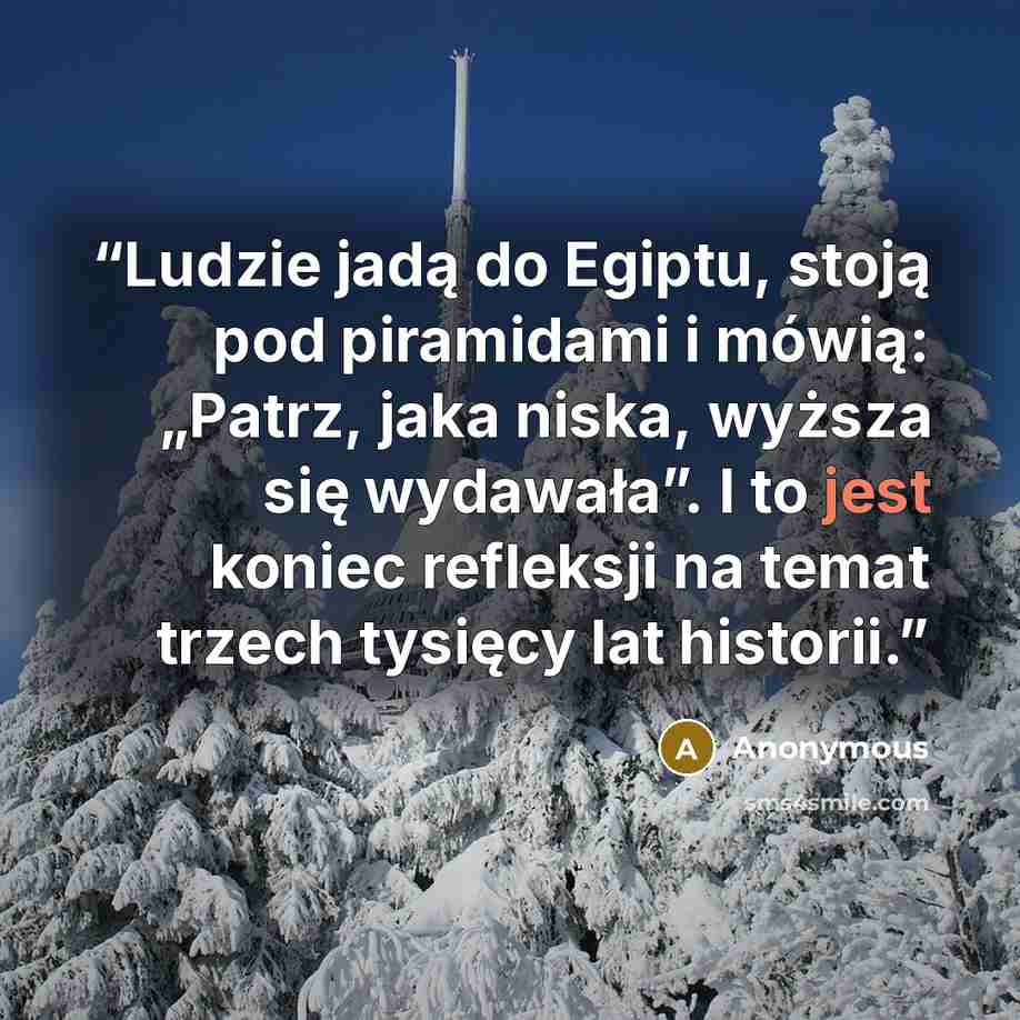 “Ludzie jadą do Egiptu, stoją pod piramidami i mówią: „Patrz, jaka niska, wyższa się wydawała”. I to jest koniec refleksji na temat trzech tysięcy lat historii.” quote by Anonymous