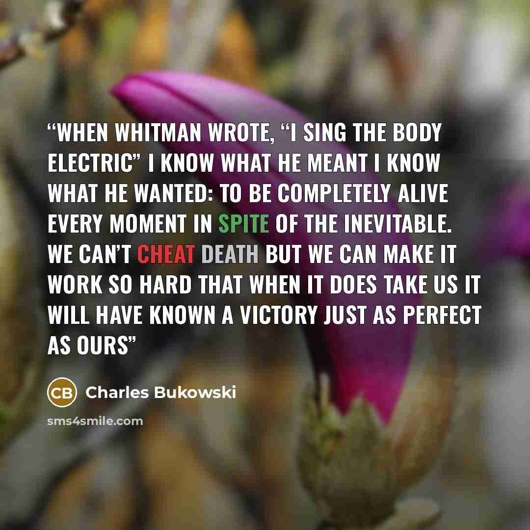 “when Whitman wrote, “I sing the body electric” I know what he meant I know what he wanted: to be completely alive every moment in spite of the inevitable. we can’t cheat death but we can make it work so hard that when it does take us it will have known a victory just as perfect as ours” quote by Charles Bukowski