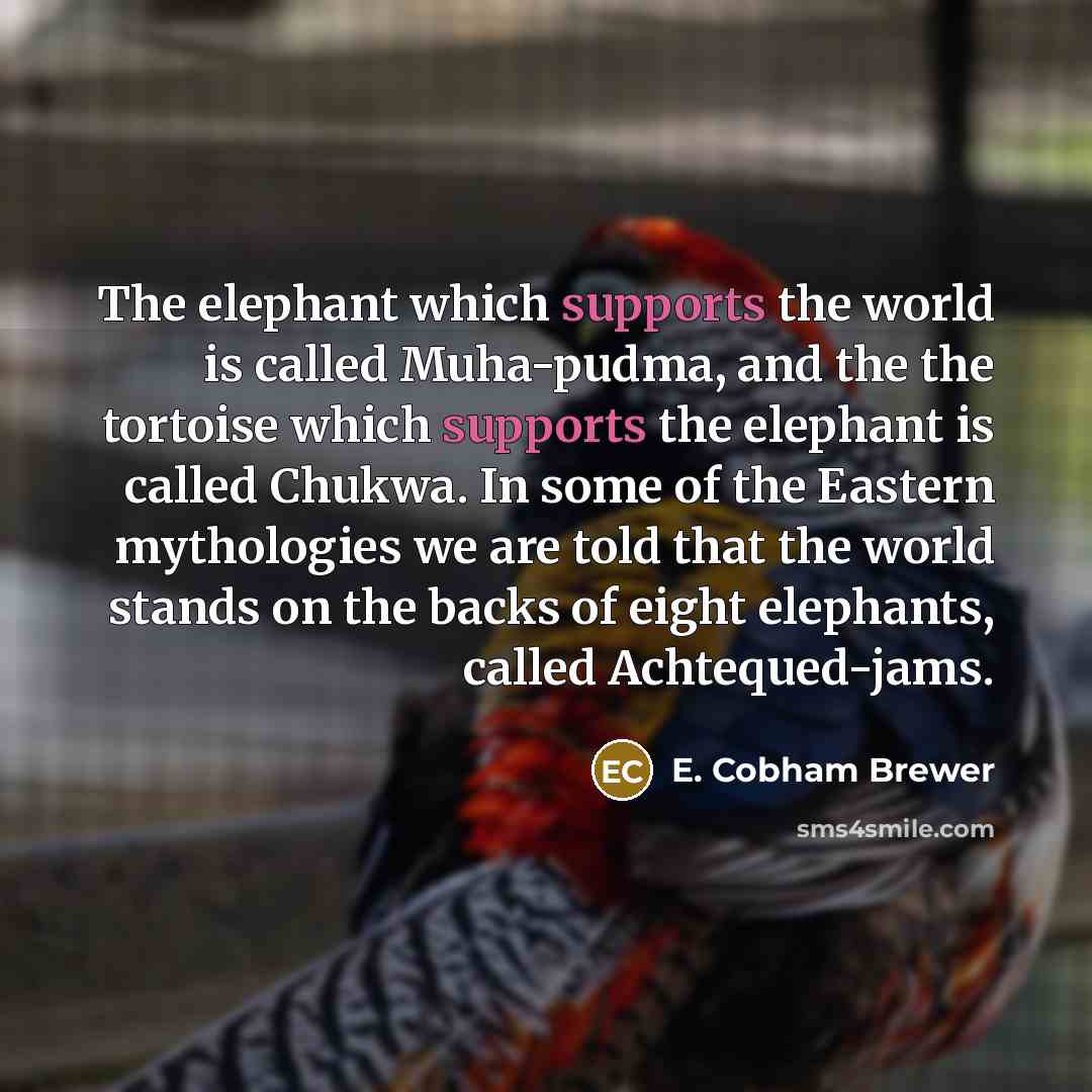 “The elephant which supports the world is called Muha-pudma, and the the tortoise which supports the elephant is called Chukwa. In some of the Eastern mythologies we are told that the world stands on the backs of eight elephants, called Achtequed-jams.” quote by E. Cobham Brewer