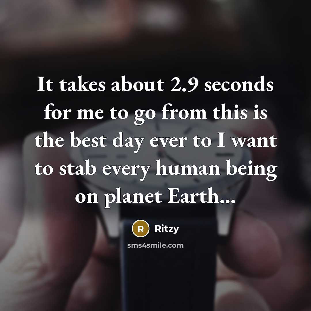 “It takes about 2.9 seconds for me to go from this is the best day ever to I want to stab every human being on planet Earth…” quote by Ritzy