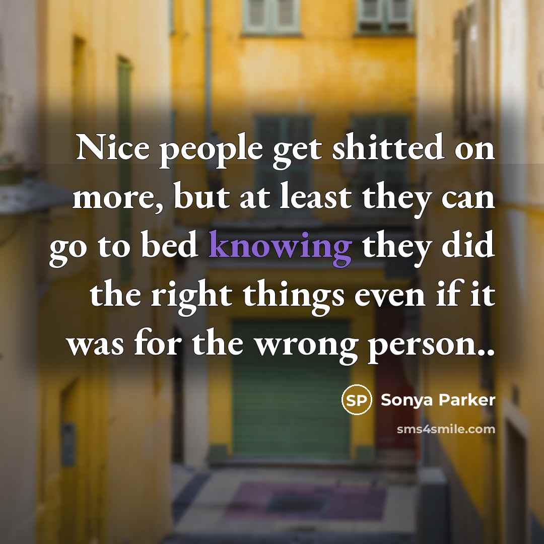 “Nice people get shitted on more, but at least they…” quote by Sonya Parker