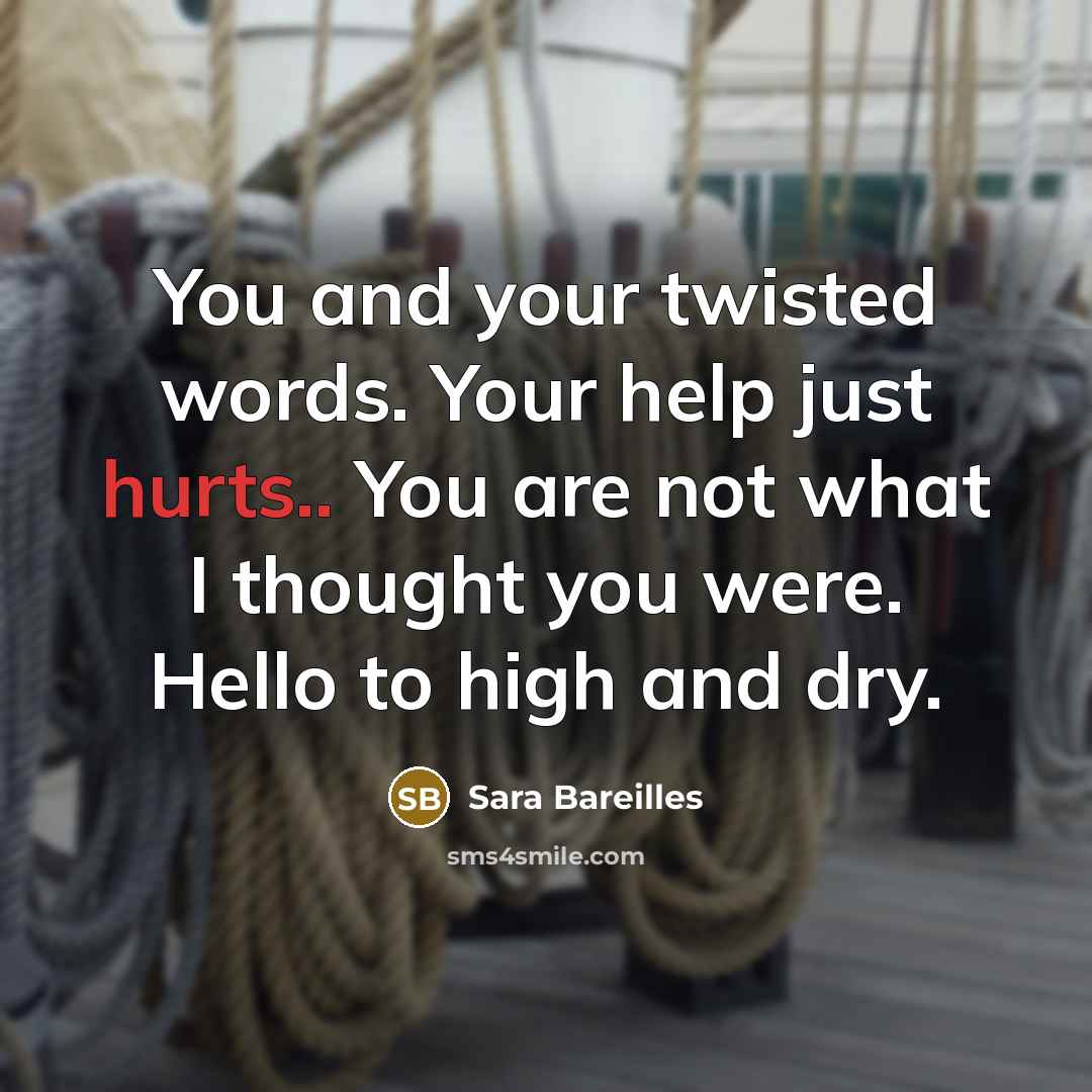 “You and your twisted words. Your help just hurts.. You are not what I thought you were. Hello to high and dry.” quote by Sara Bareilles