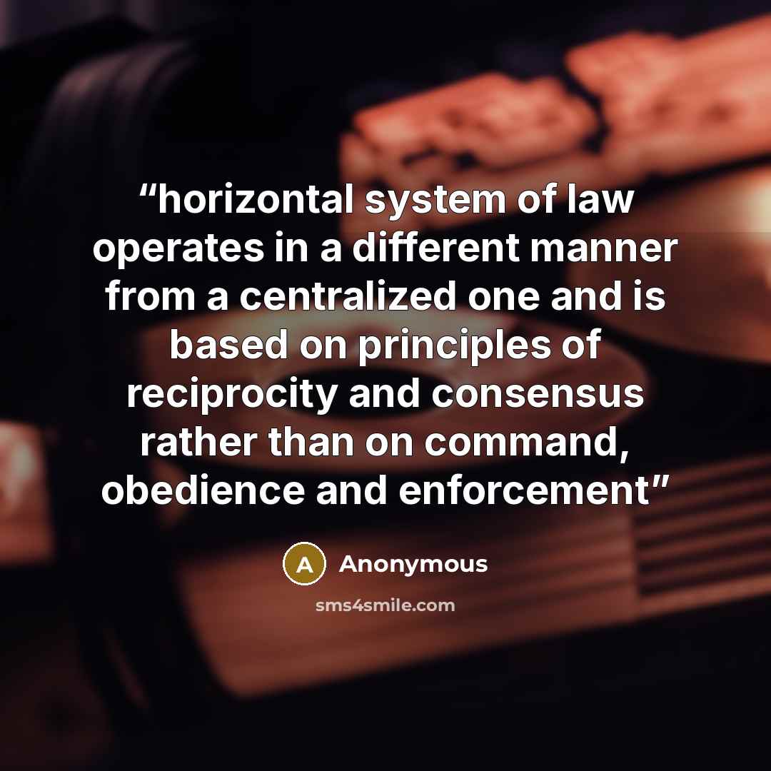 “horizontal system of law operates in a different manner from a centralized one and is based on principles of reciprocity and consensus rather than on command, obedience and enforcement” quote by Anonymous