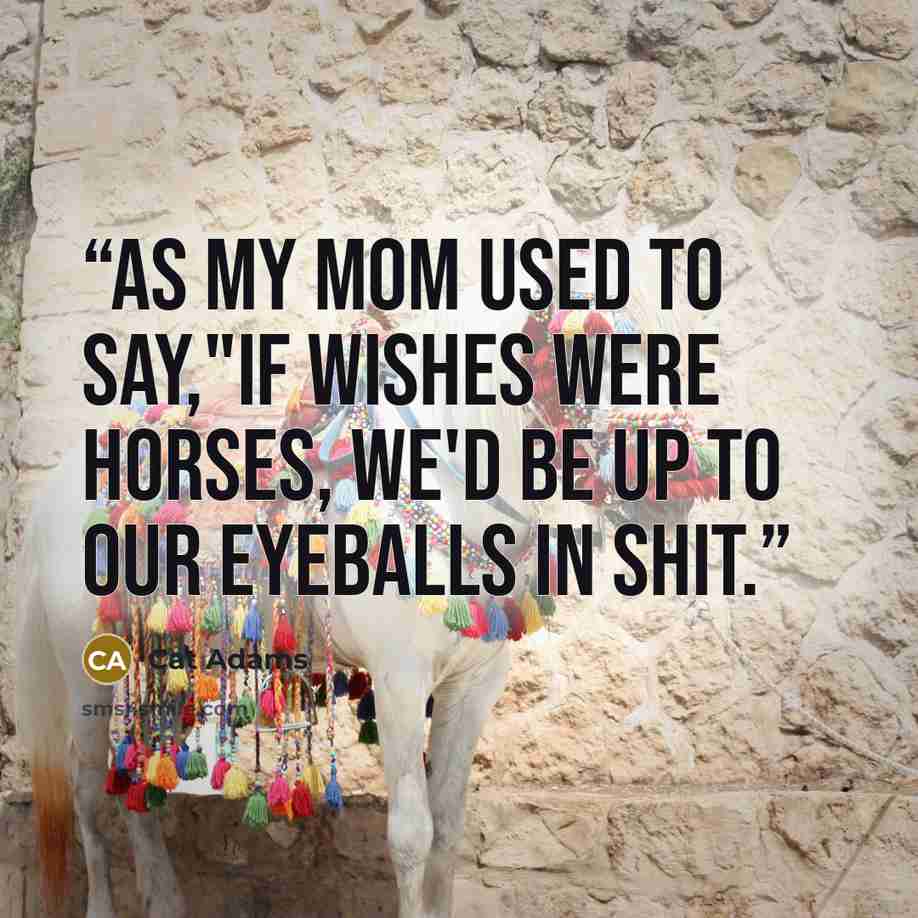 “As my mom used to say,"If wishes were horses, we'd be up to our eyeballs in shit.” quote by Cat Adams