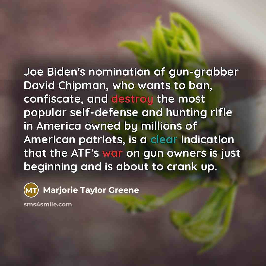 “Joe Biden's nomination of gun-grabber David Chipman, who wants to ban, confiscate, and destroy the most popular self-defense and hunting rifle in America owned by millions of American patriots, is a clear indication that the ATF's war on gun owners is just beginning and is about to crank up.” quote by Marjorie Taylor Greene