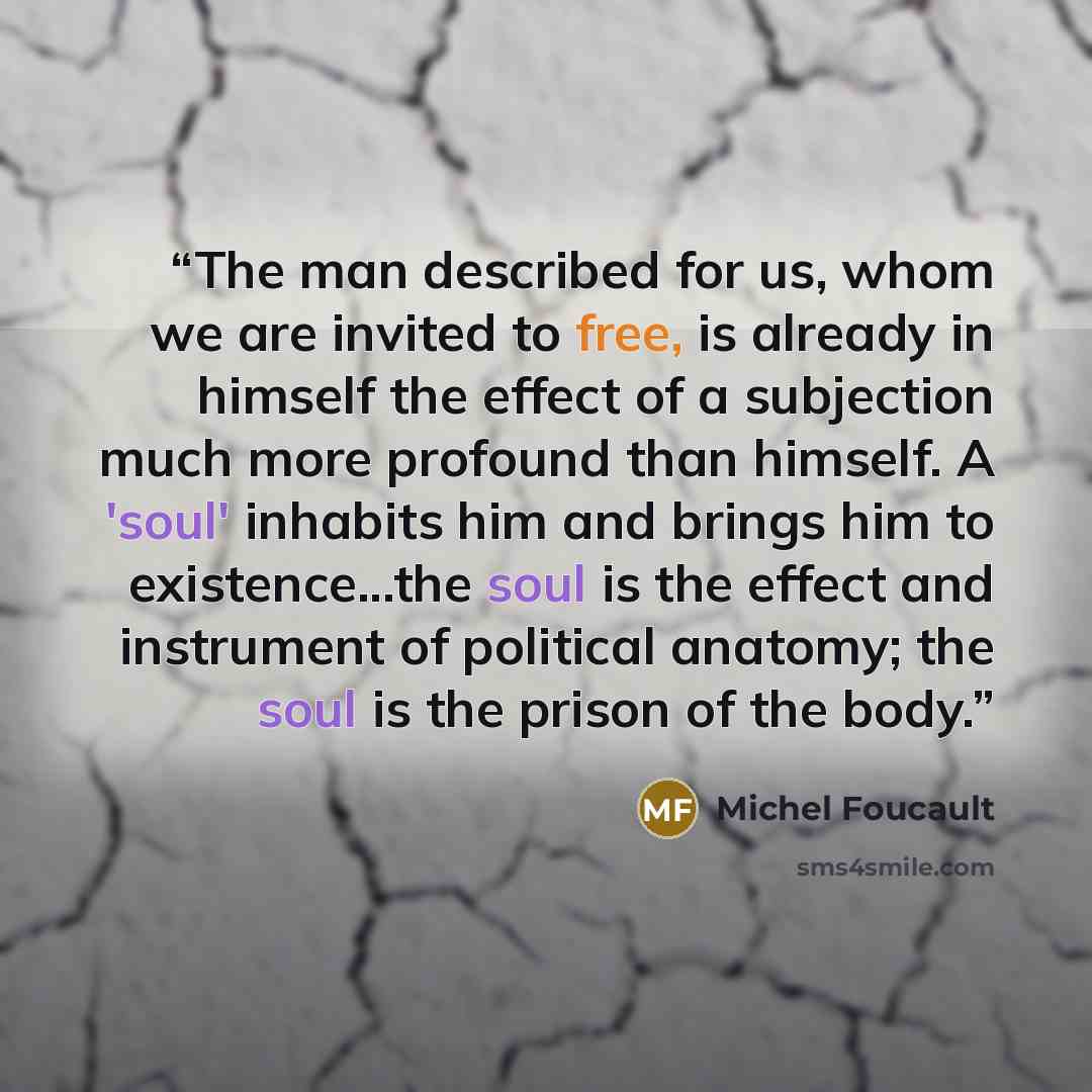 “The man described for us, whom we are invited to free, is already in himself the effect of a subjection much more profound than himself. A 'soul' inhabits him and brings him to existence...the soul is the effect and instrument of political anatomy; the soul is the prison of the body.” quote by Michel Foucault