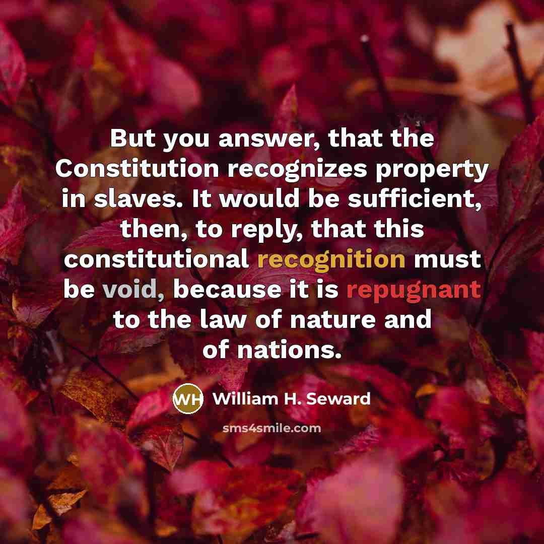 “But you answer, that the Constitution recognizes property in slaves.…” quote by William H. Seward