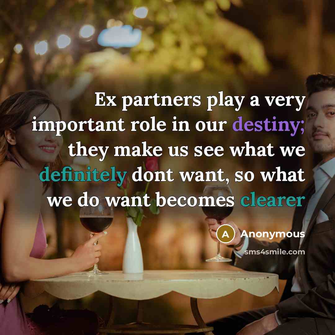 “Ex partners play a very important role in our destiny; they make us see what we definitely dont want, so what we do want becomes clearer” quote by Anonymous