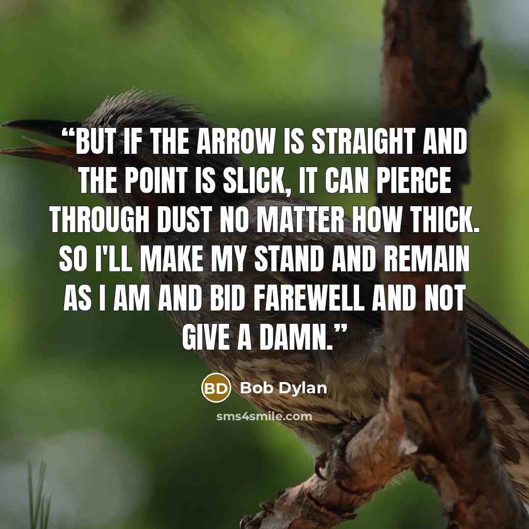 “But if the arrow is straight And the point is slick, It can pierce through dust no matter how thick. So I'll make my stand And remain as I am And bid farewell and not give a damn.” quote by Bob Dylan