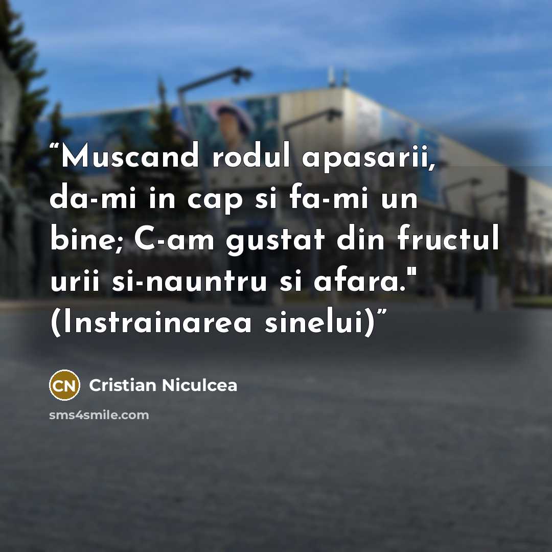 “Muscand rodul apasarii, da-mi in cap si fa-mi un bine; C-am gustat din fructul urii si-nauntru si afara." (Instrainarea sinelui)” quote by Cristian Niculcea