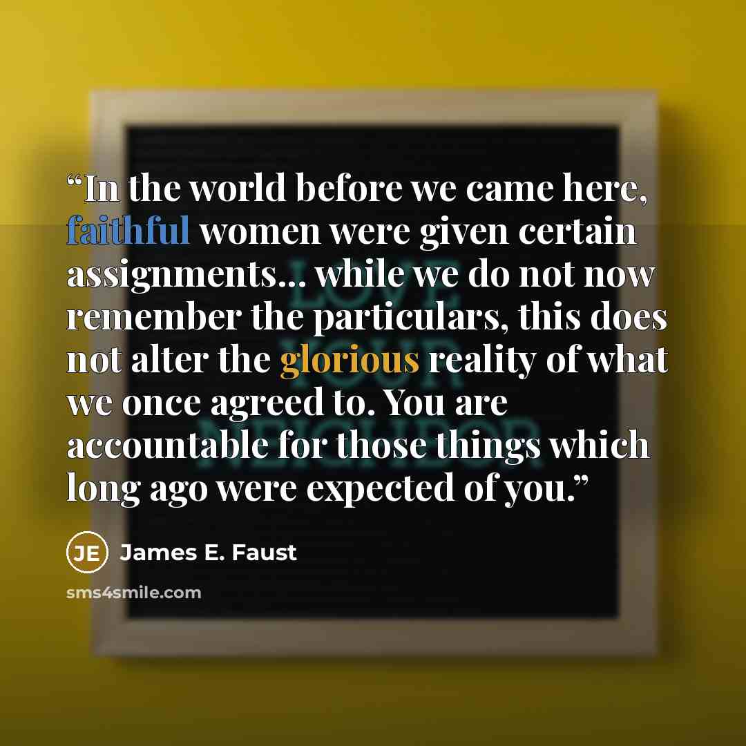 “In the world before we came here, faithful women were given certain assignments... while we do not now remember the particulars, this does not alter the glorious reality of what we once agreed to. You are accountable for those things which long ago were expected of you.” quote by James E. Faust