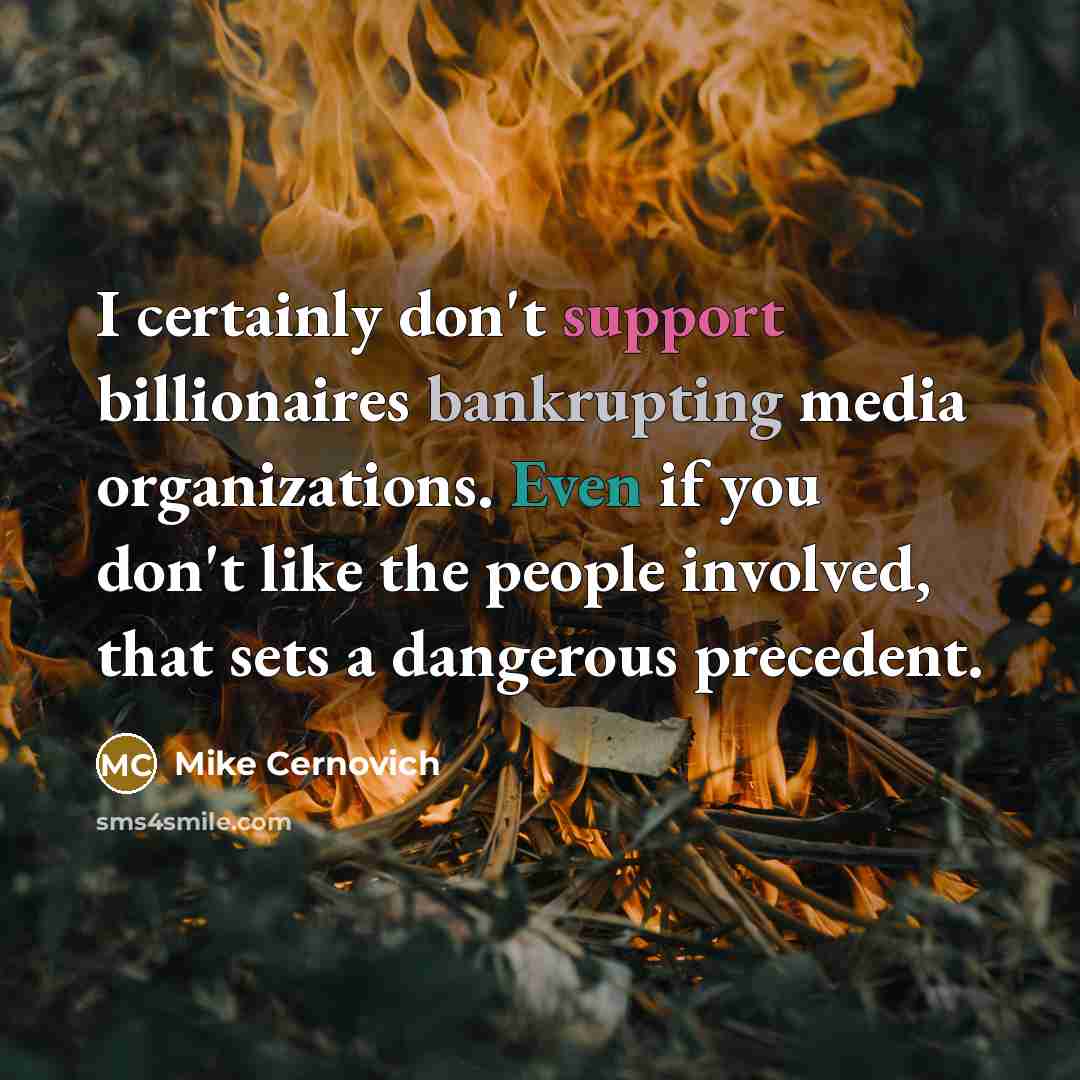 “I certainly don't support billionaires bankrupting media organizations. Even if you don't like the people involved, that sets a dangerous precedent.” quote by Mike Cernovich