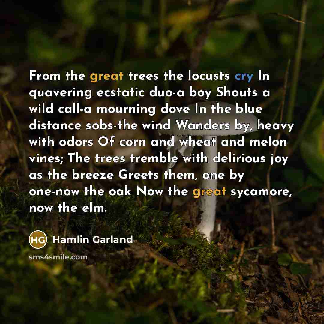 “From the great trees the locusts cry In quavering ecstatic…” quote by Hamlin Garland