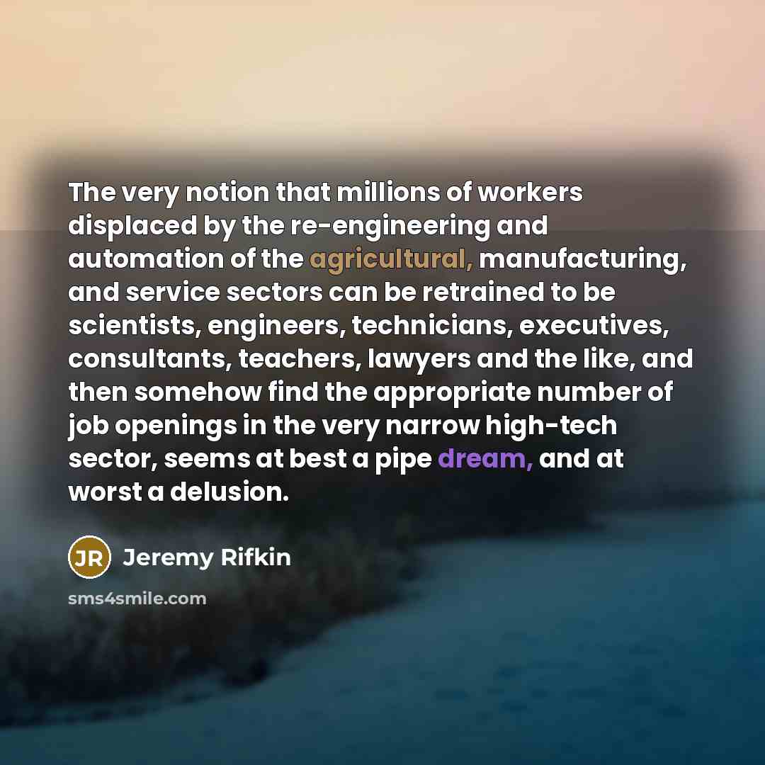 “The very notion that millions of workers displaced by the…” quote by Jeremy Rifkin
